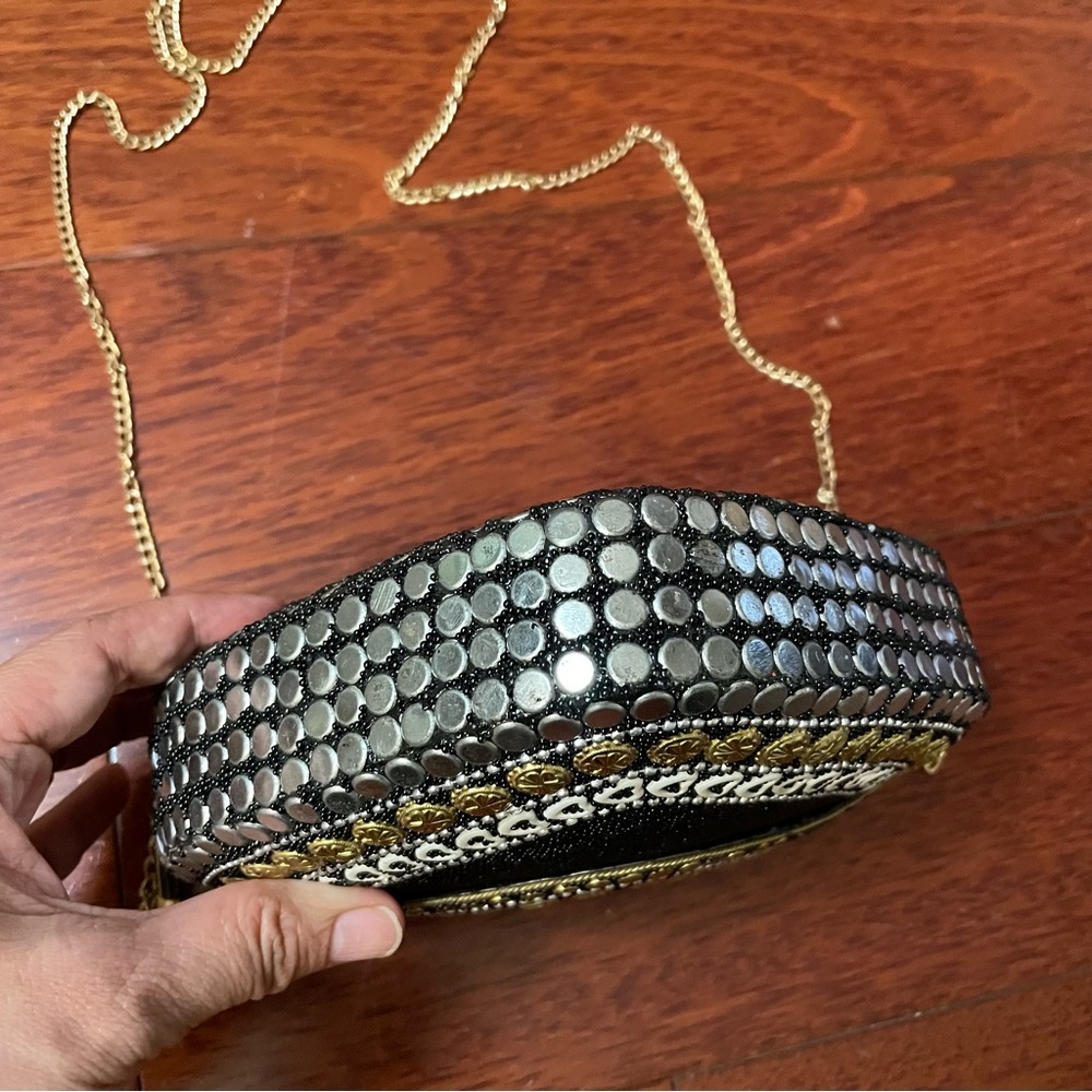 Ramla Handmade Heart Shaped Mosaic Bag Purse Clutch Black Gold Bling Bling B1 I - Picture 8 of 13